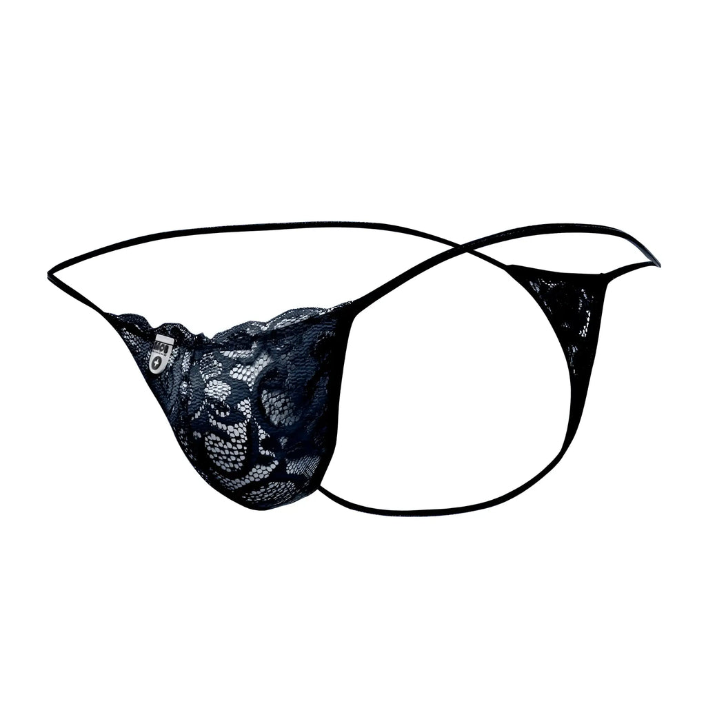 MOB menâ€™s lace thong in black with delicate floral patterns and thin adjustable straps shown from the back side