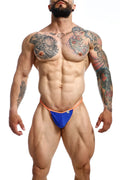 Blue microfiber athletic briefs with orange trim for men from MOB featuring a sexy g-string design
