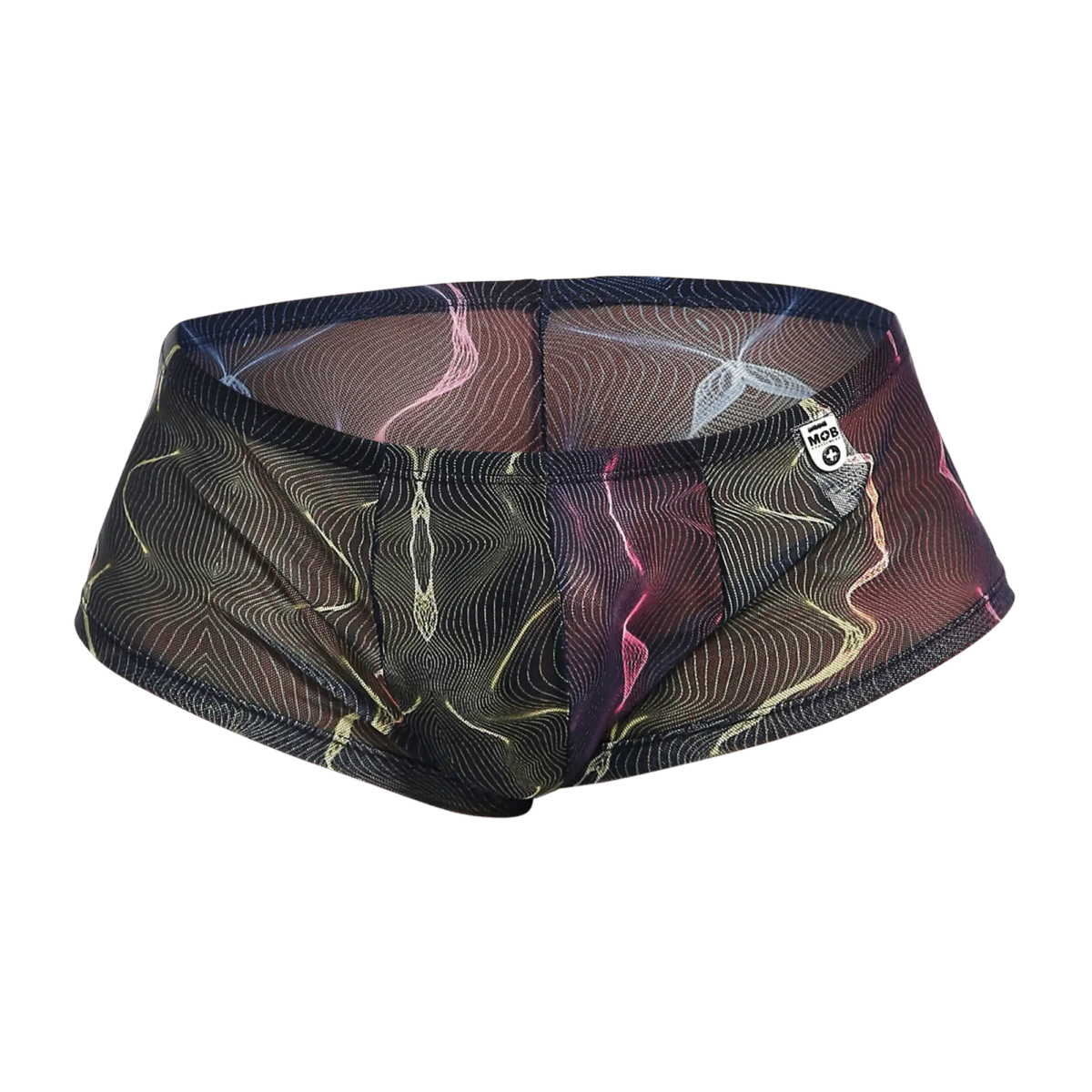 MOB menâ€™s sexy sheer hip brief black mesh swim trunks with vibrant neon pink and gold abstract wave pattern