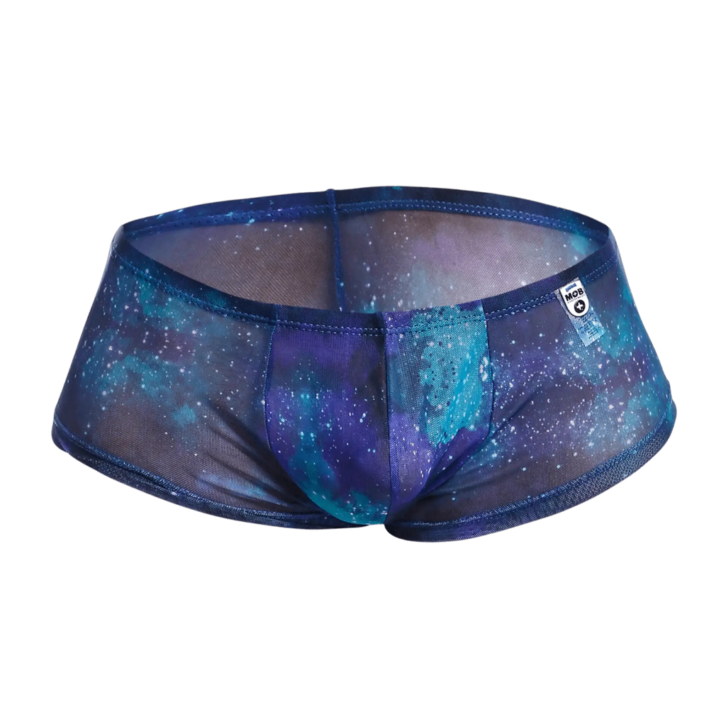 Mob menâ€™s sexy sheer hip brief in blue and purple galaxy-patterned mesh with a translucent design