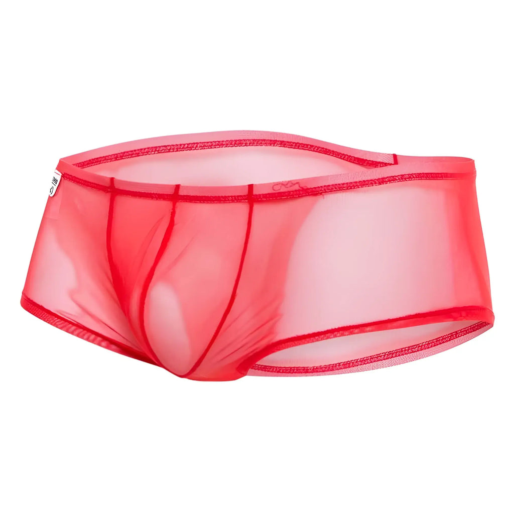 Mob menâ€™s sexy sheer hip brief in red sheer mesh with reinforced red stitching along the edges