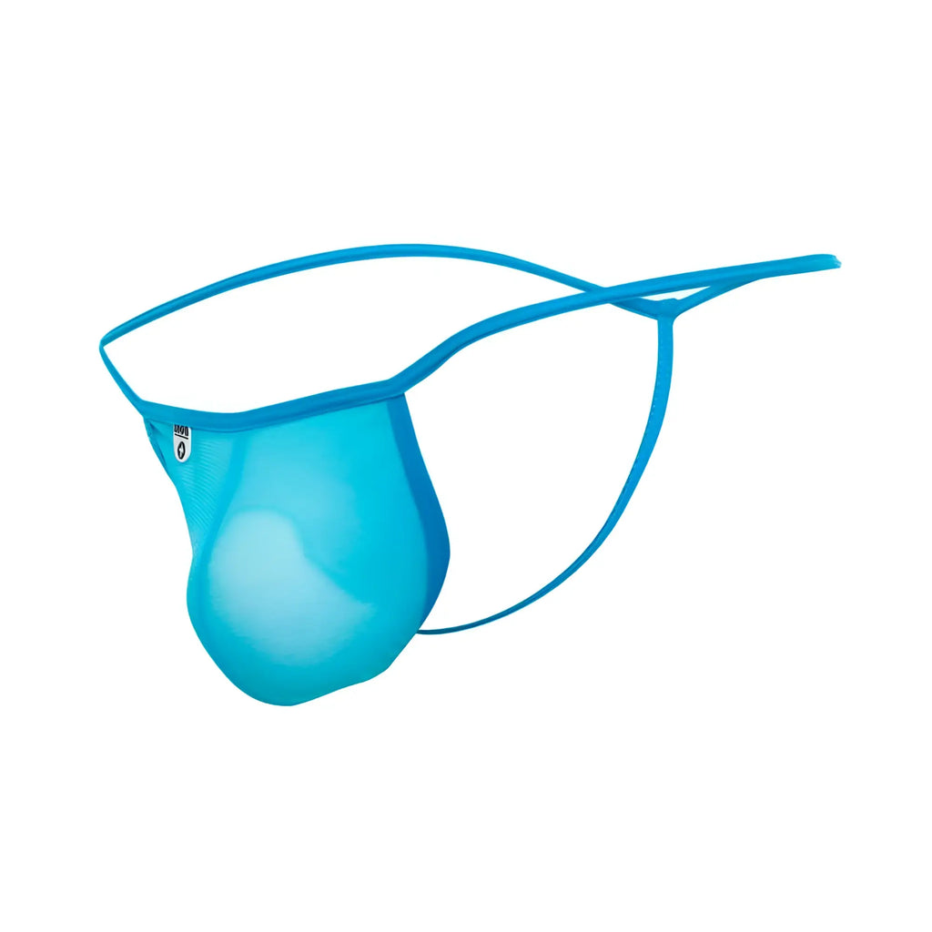 Bright blue translucent mesh t back thong with thin elastic straps shown from the back by MOB men