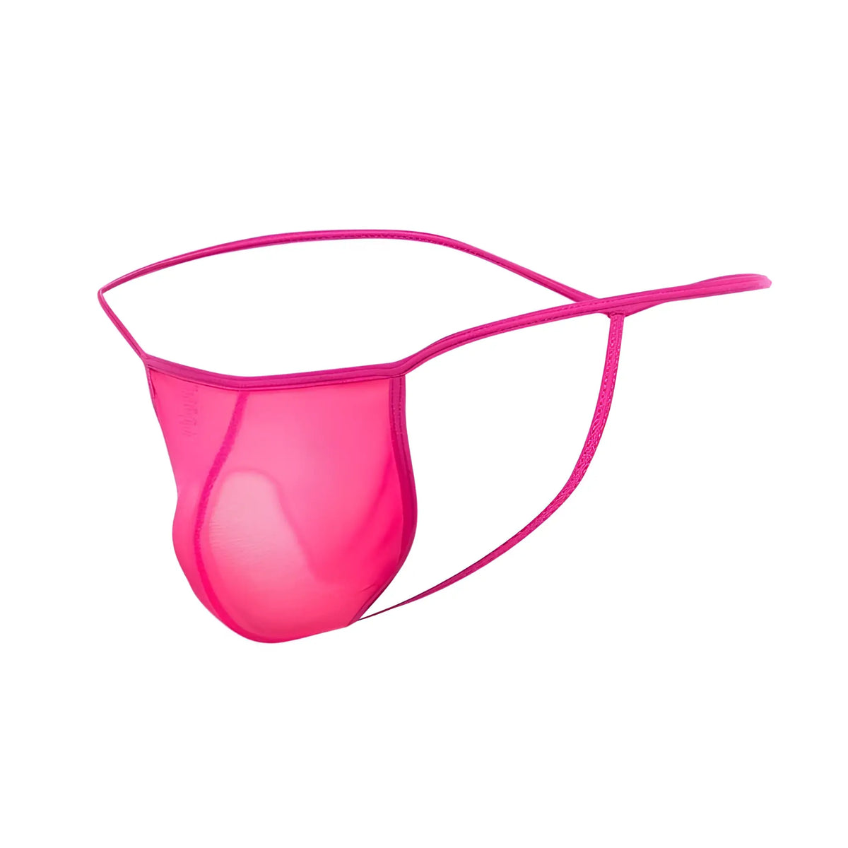 Bright pink mesh MOB mens sheer t back thong with thin elastic straps showing the back side of the product