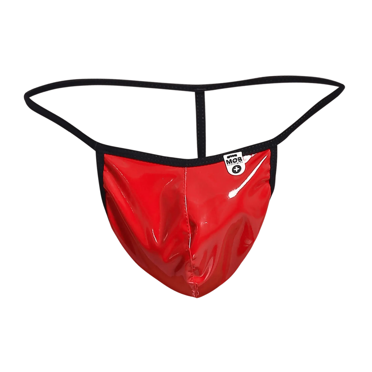 Red glossy latex thong with black elastic waistband and white logo patch shown from the back for men by mob