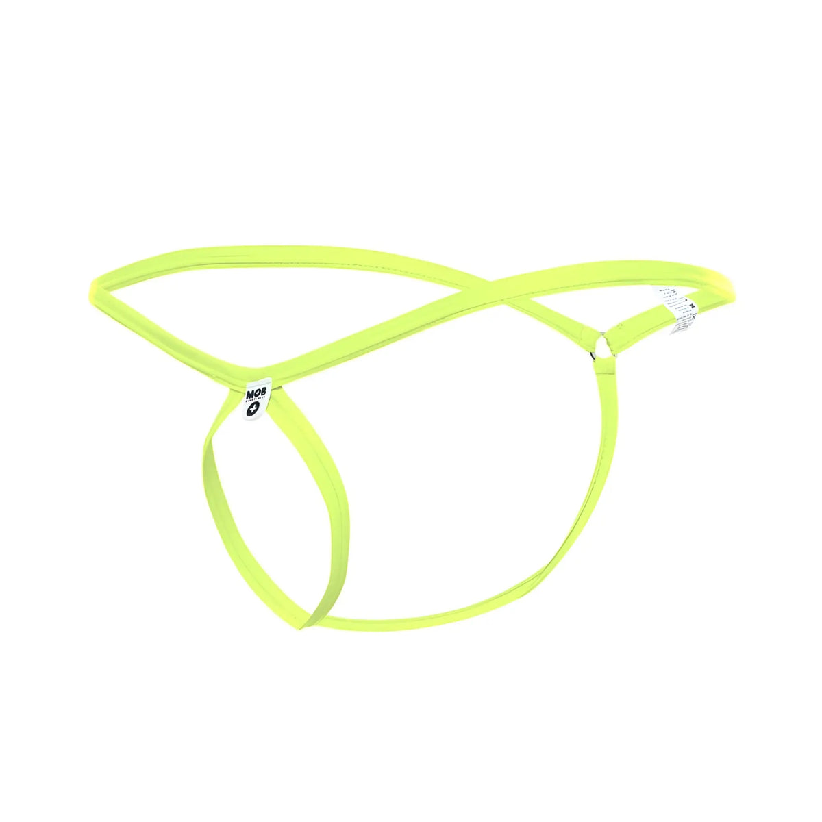 Bright neon green stretchy fabric MOB menâ€™s tear drop string thong with minimalist design and small brand tags