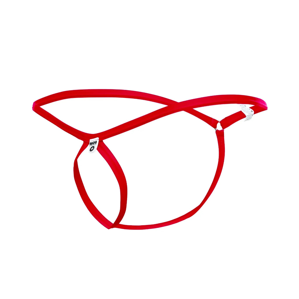 Red mob menâ€™s tear drop string thong with sleek minimalist design and thin elastic straps shown from the back