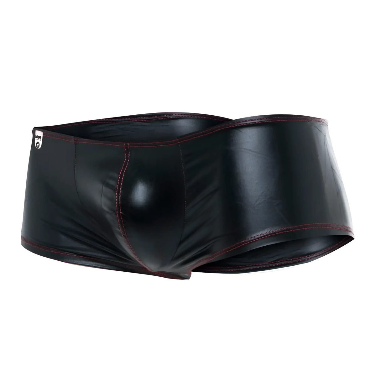 MOB Mirror Boxer black patent leather briefs with contrasting dark red stitching front view