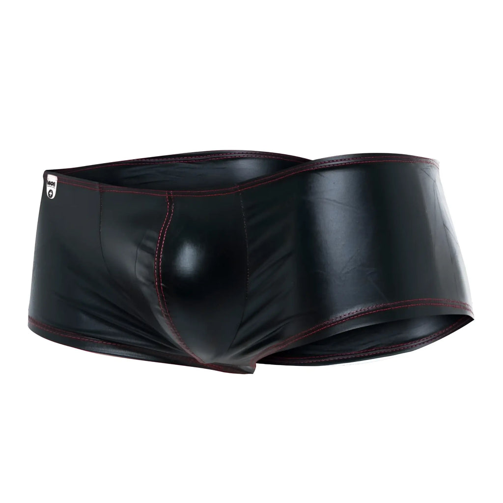 Black patent leather mob mirror boxer briefs with dark red contrasting stitching visible from the front