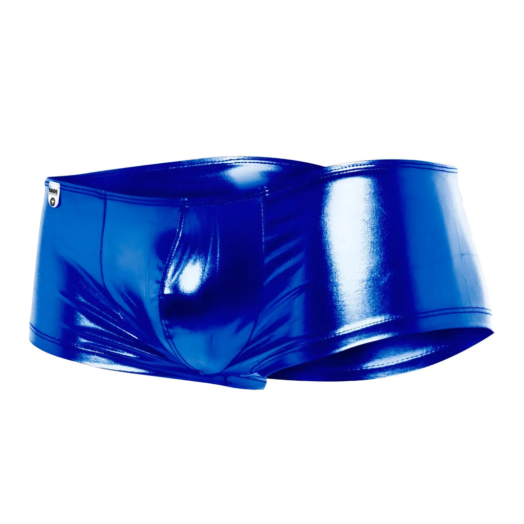 Vibrant royal blue glossy patent leather briefs with a sleek form-fitting design from mob mirror boxer collection