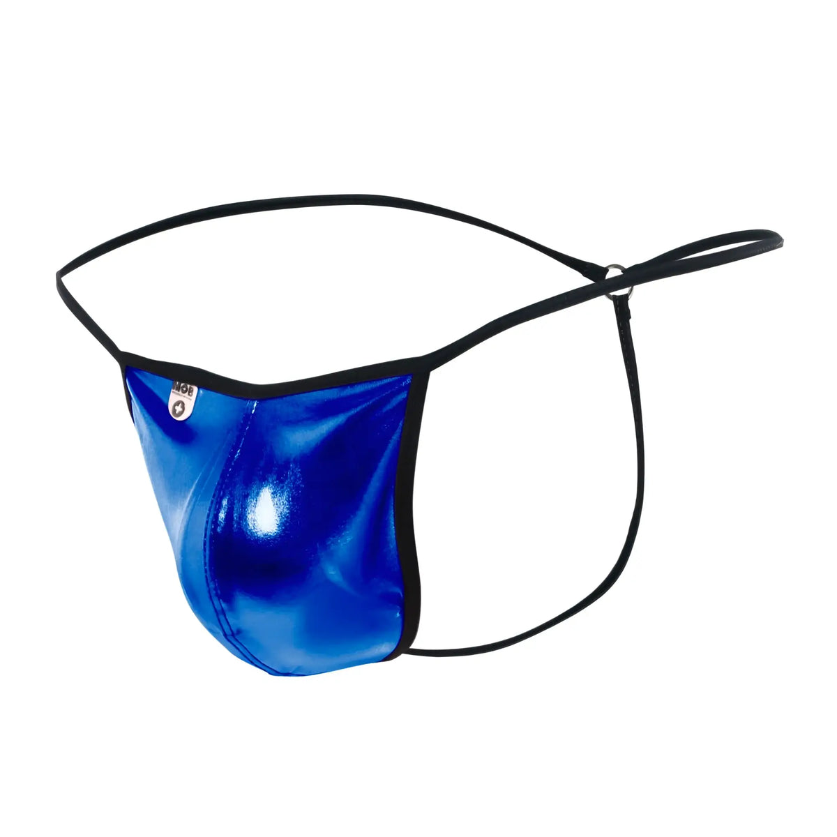 Vibrant blue metallic fabric thong with black elastic trim and adjustable garter straps mob mirror g string