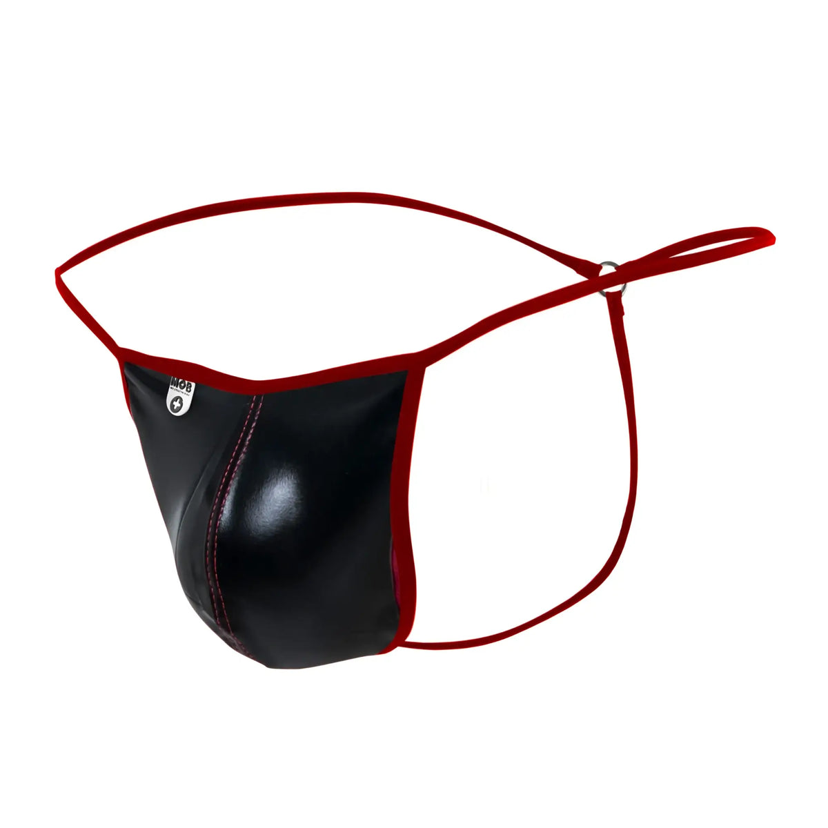 Black and red leather thong with glossy finish in mob mirror g string showing front side details