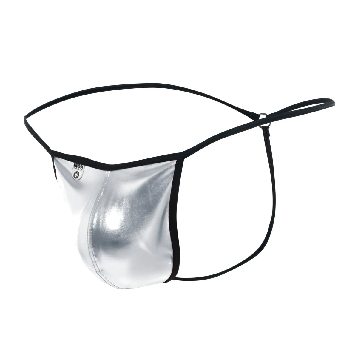 Silver metallic thong g string with black elastic trim and small brand tag from mob mirror collection