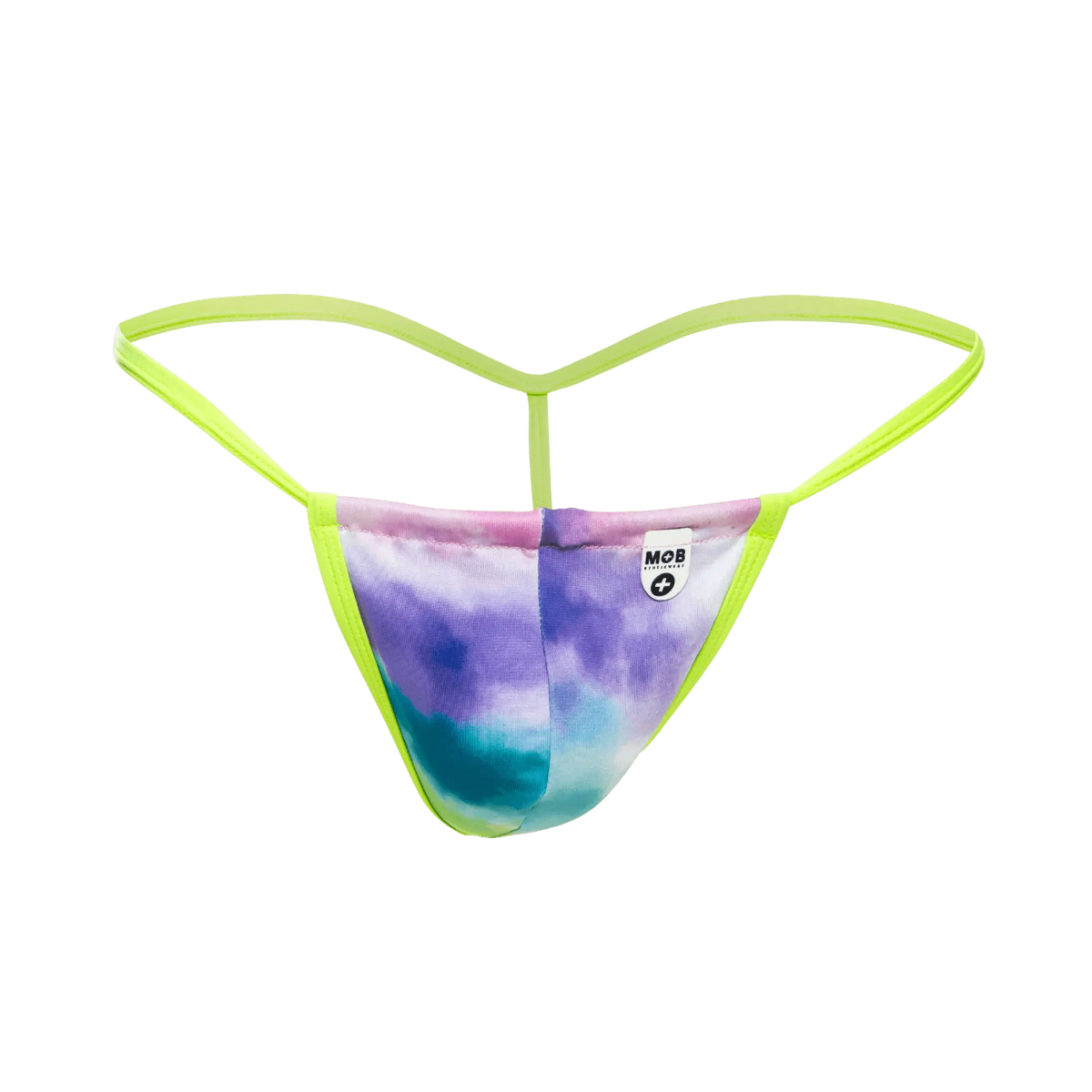 Mob print g-string out vibrant tie-dye thong with neon green elastic straps and purple blue pink gradient hues front view