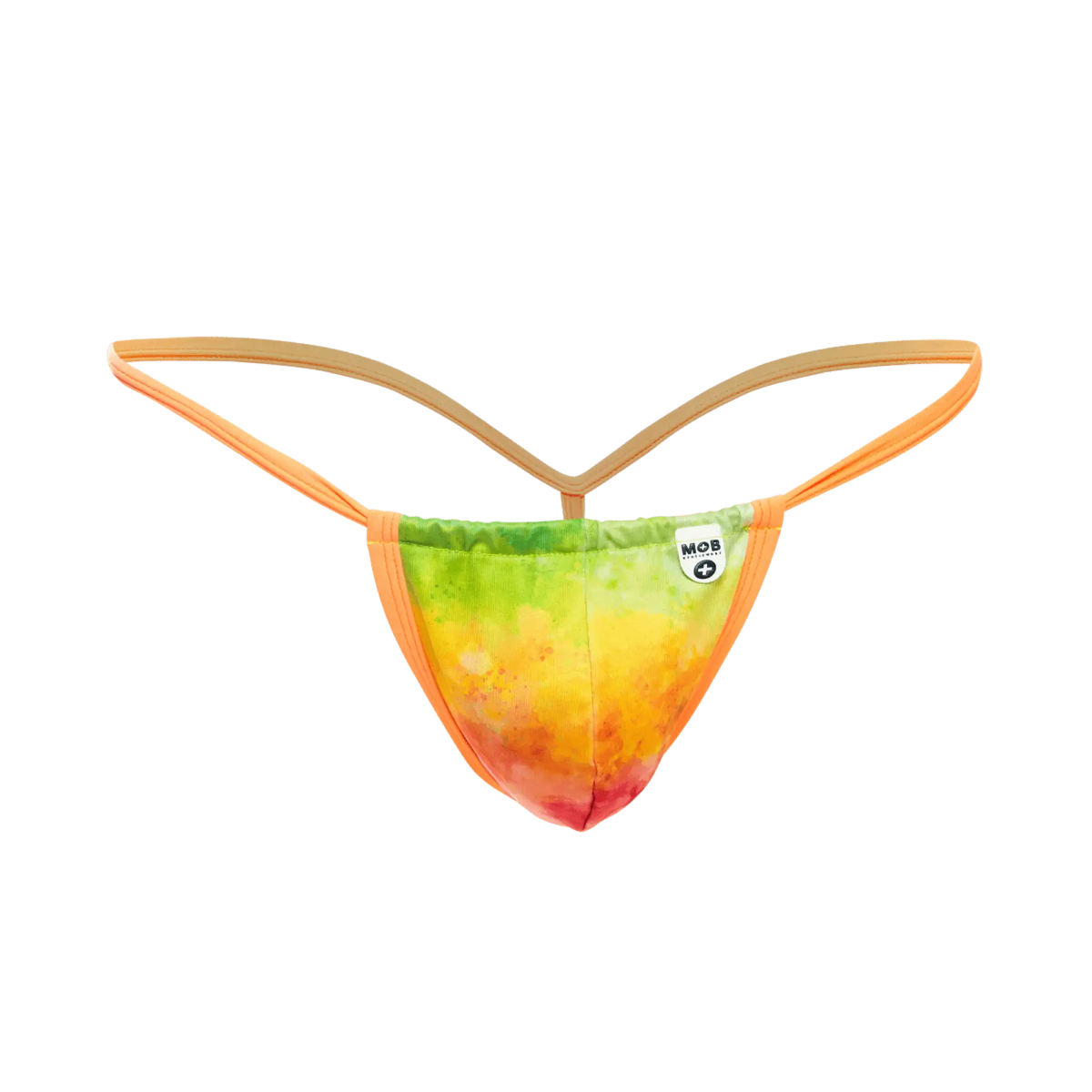 Vibrant rainbow tie-dye thong with orange elastic straps and soft stretchy fabric in the back view mob print g-string out