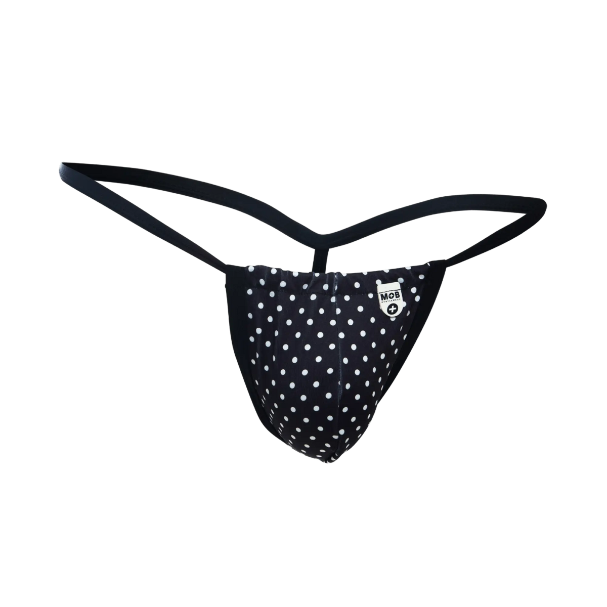 Black polka dot thong with white dots and small mob logo patch on the front from mob print g-string out collection