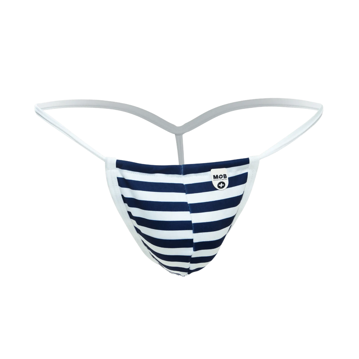 Navy and white striped thong with white elastic waistband featured in mob print g-string out product image