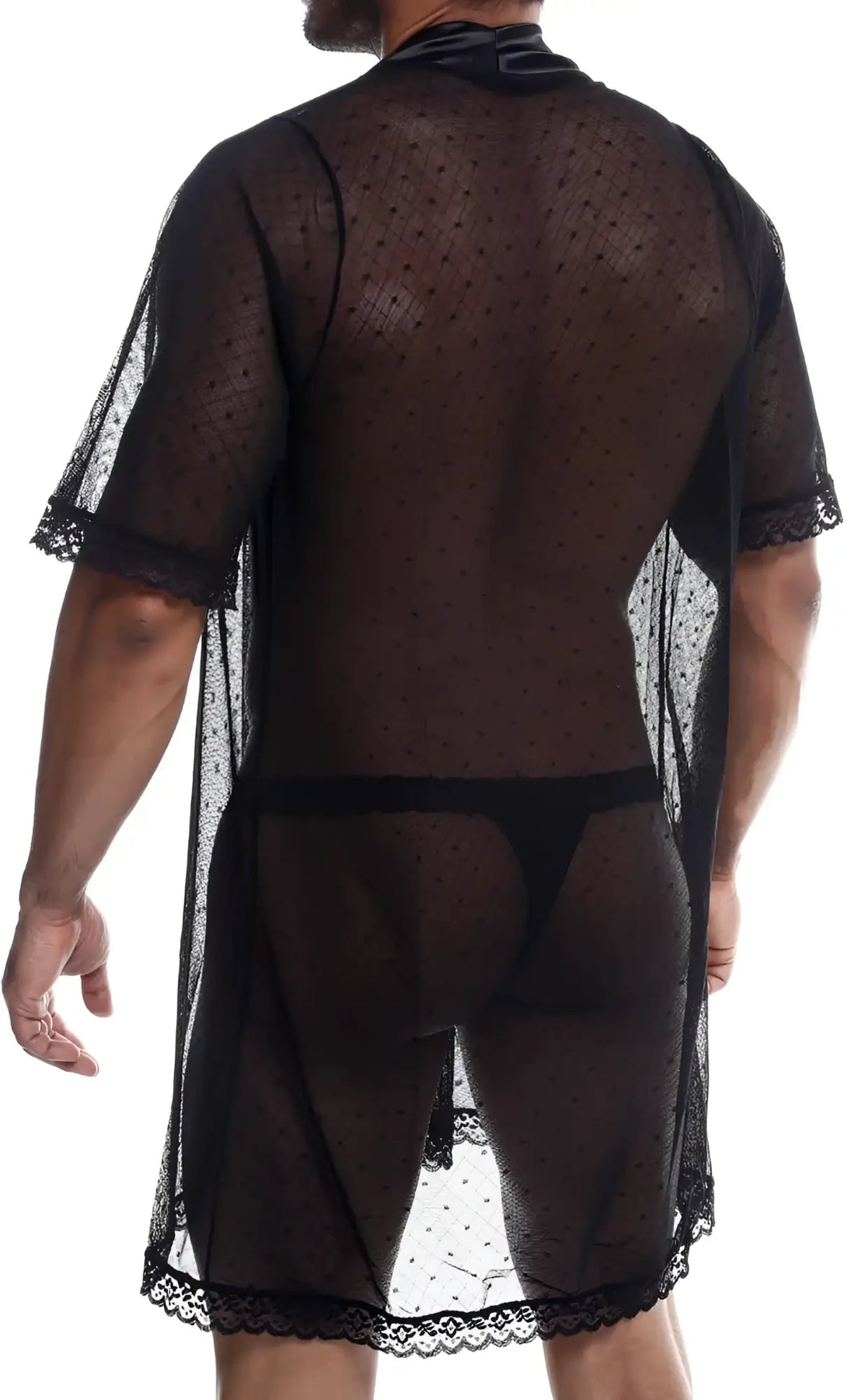 Black sheer polka-dot mesh robe with lace trim from mob sultry robe and thong set shown from the back side