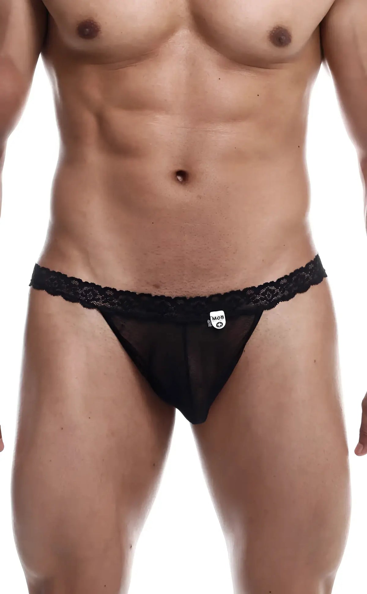 Black lace-trimmed sheer thong with small white logo tag from mob sultry robe and thong set visible from the back