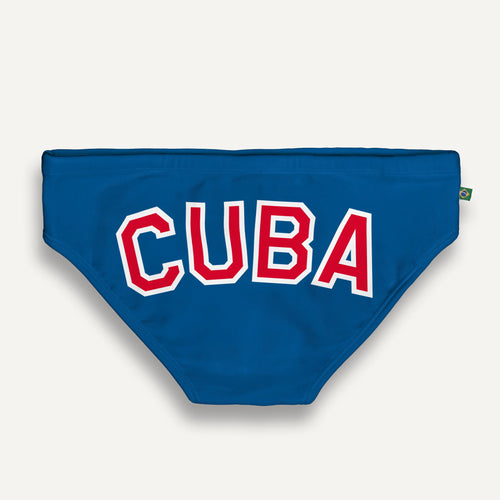 Blue briefs with large red and white CUBA lettering across the rear.