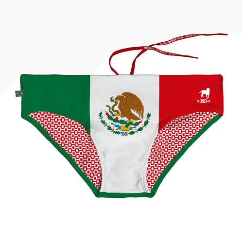 Green, white and red briefs with a central eagle emblem and red drawstring.