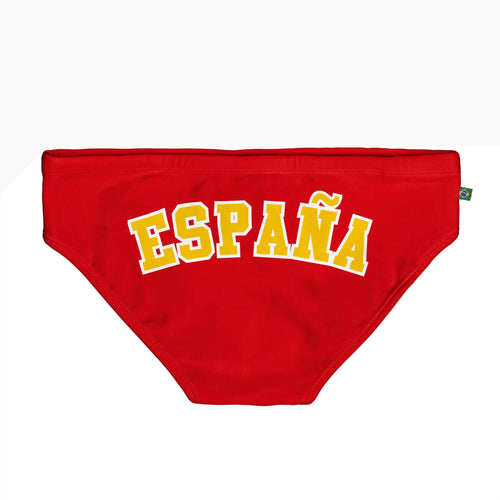 Red briefs with large yellow lettering across the rear, laid flat.