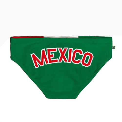 Green swim briefs with red and white MEXICO lettering.