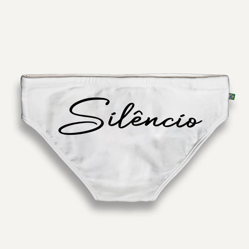 White briefs with the word Silêncio written across the back in black script.