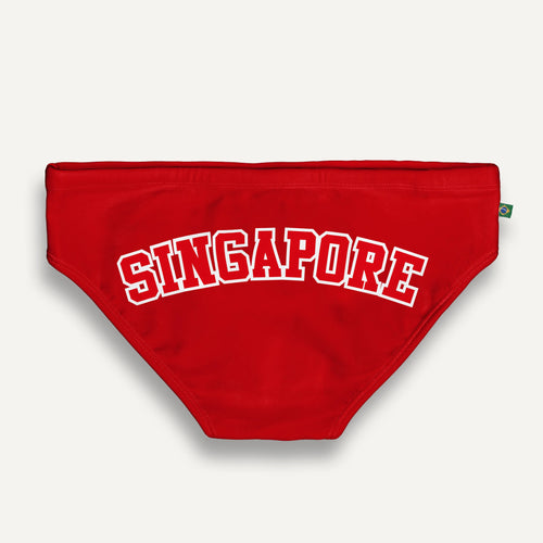 Red briefs with large white Singapore lettering.