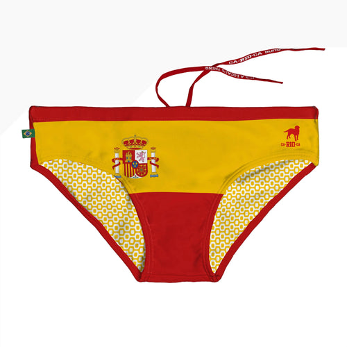 Red and yellow drawstring briefs with a small crest.