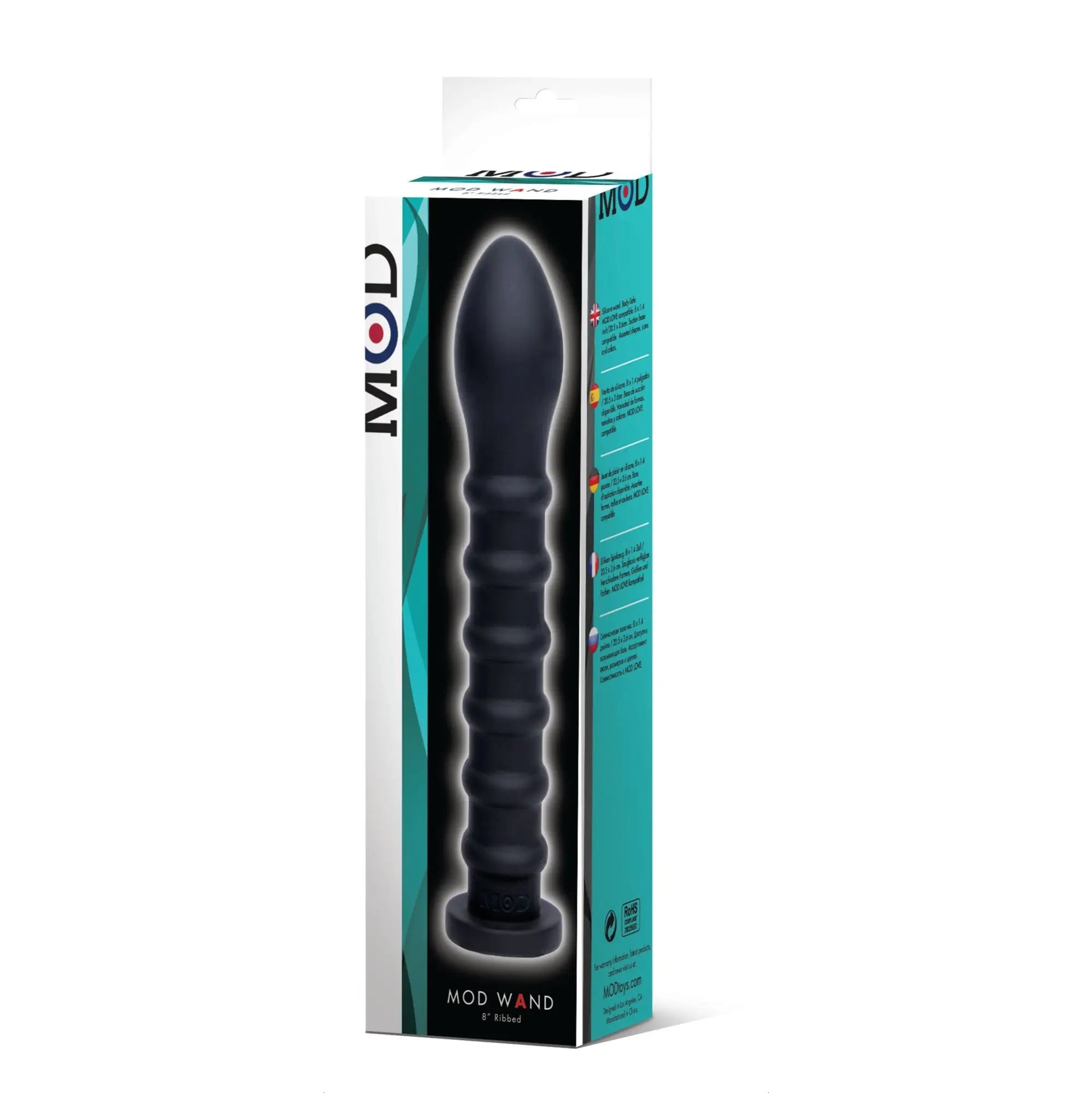Black silicone mod wand with textured ridges and rounded tip in teal and white packaging for ribbed stimulation