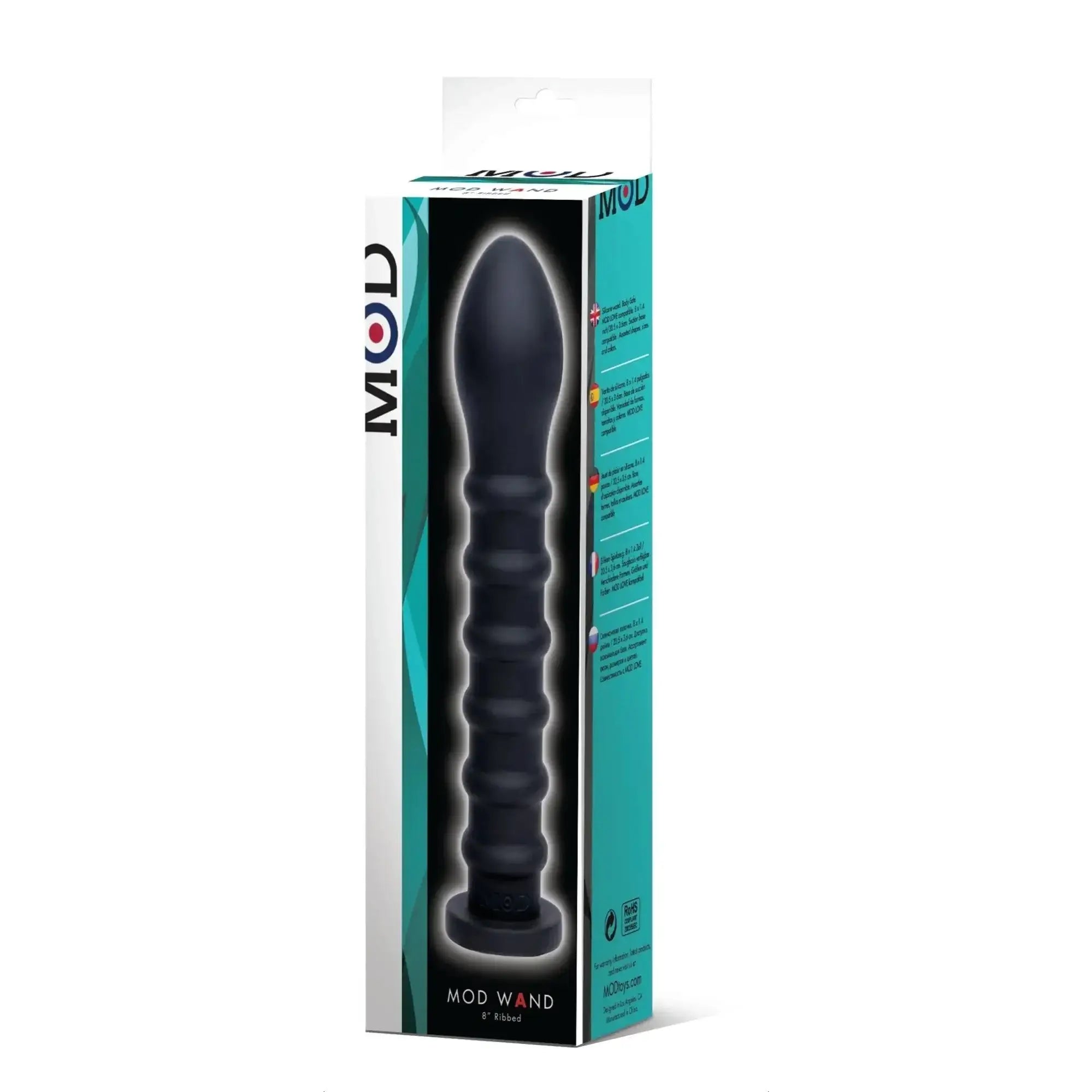 Black silicone mod wand with textured ridges and rounded tip in teal and white packaging for ribbed stimulation