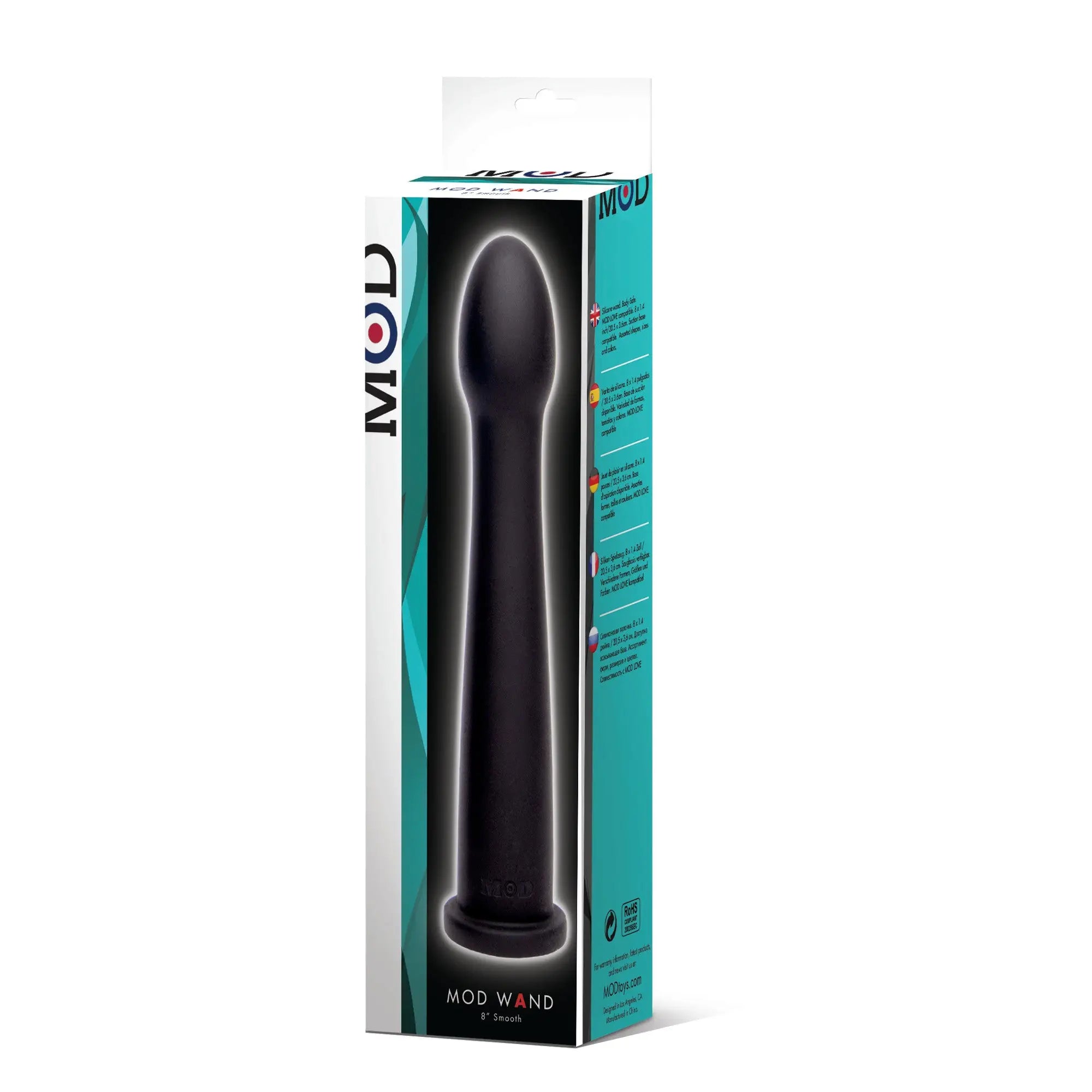 Black mod wand 9 inch smooth sleek silicone toy in branded packaging for personal massage and pleasure use