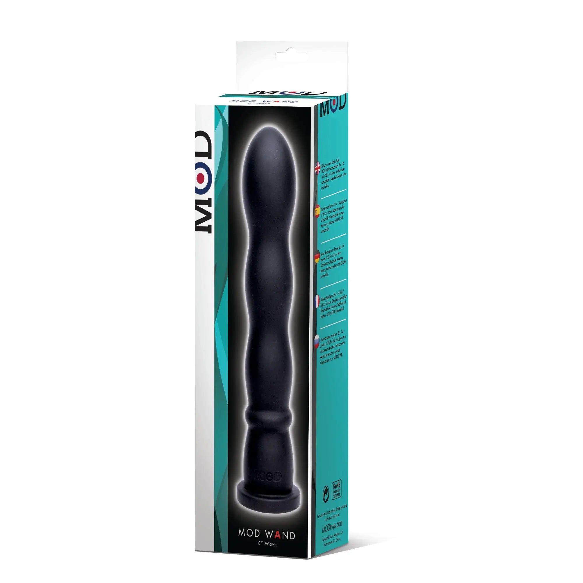 Black silicone mod wand wave adult toy with sleek contoured design and textured grip, 9-inch length