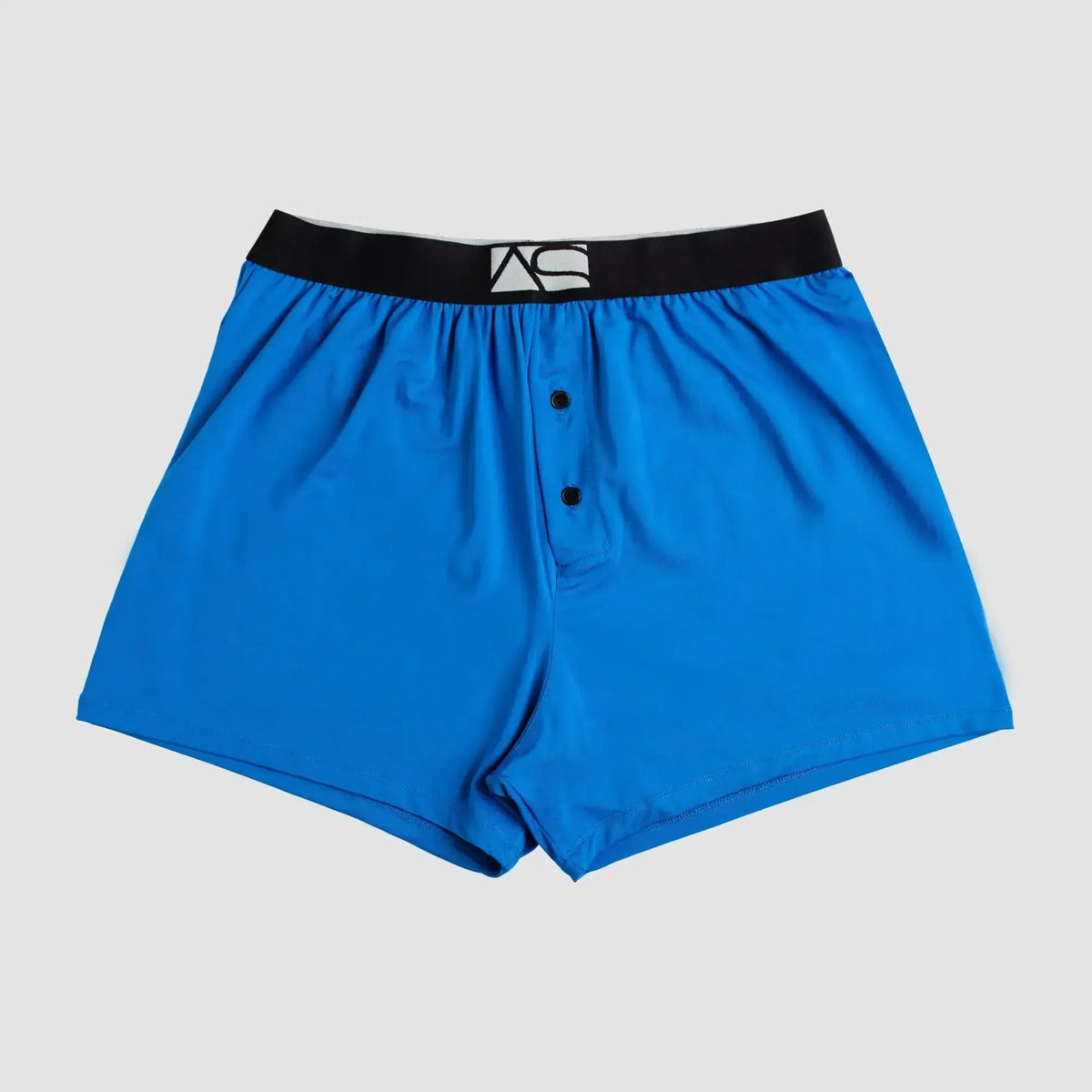 Modern boxer bright blue boxer shorts with black elastic waistband white logo and two front button closures