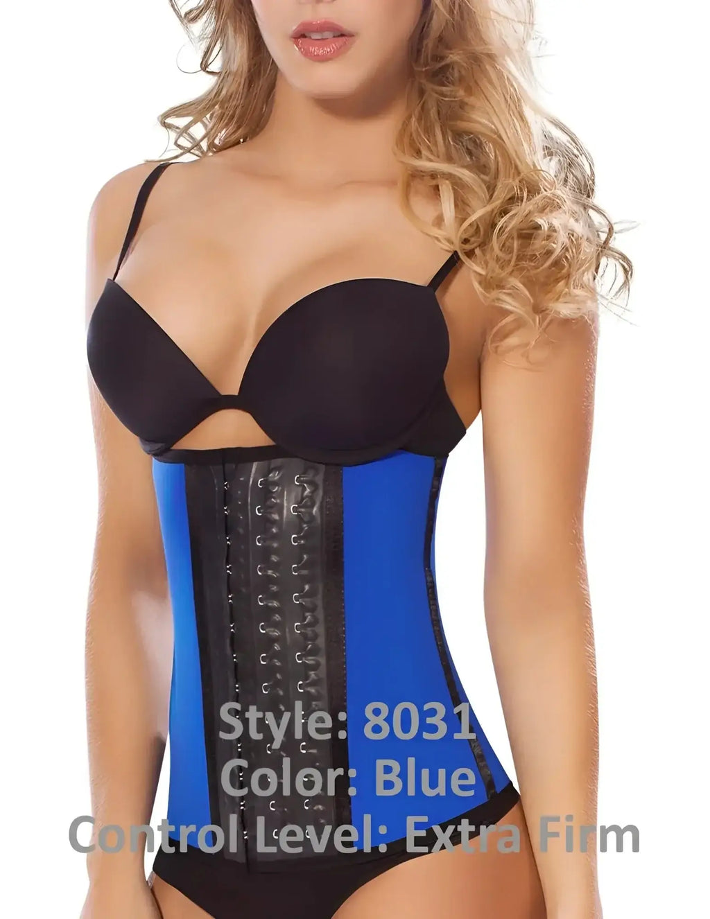 Blue and black extra firm workout waist cincher moldeate 8031 with adjustable lacing central panel