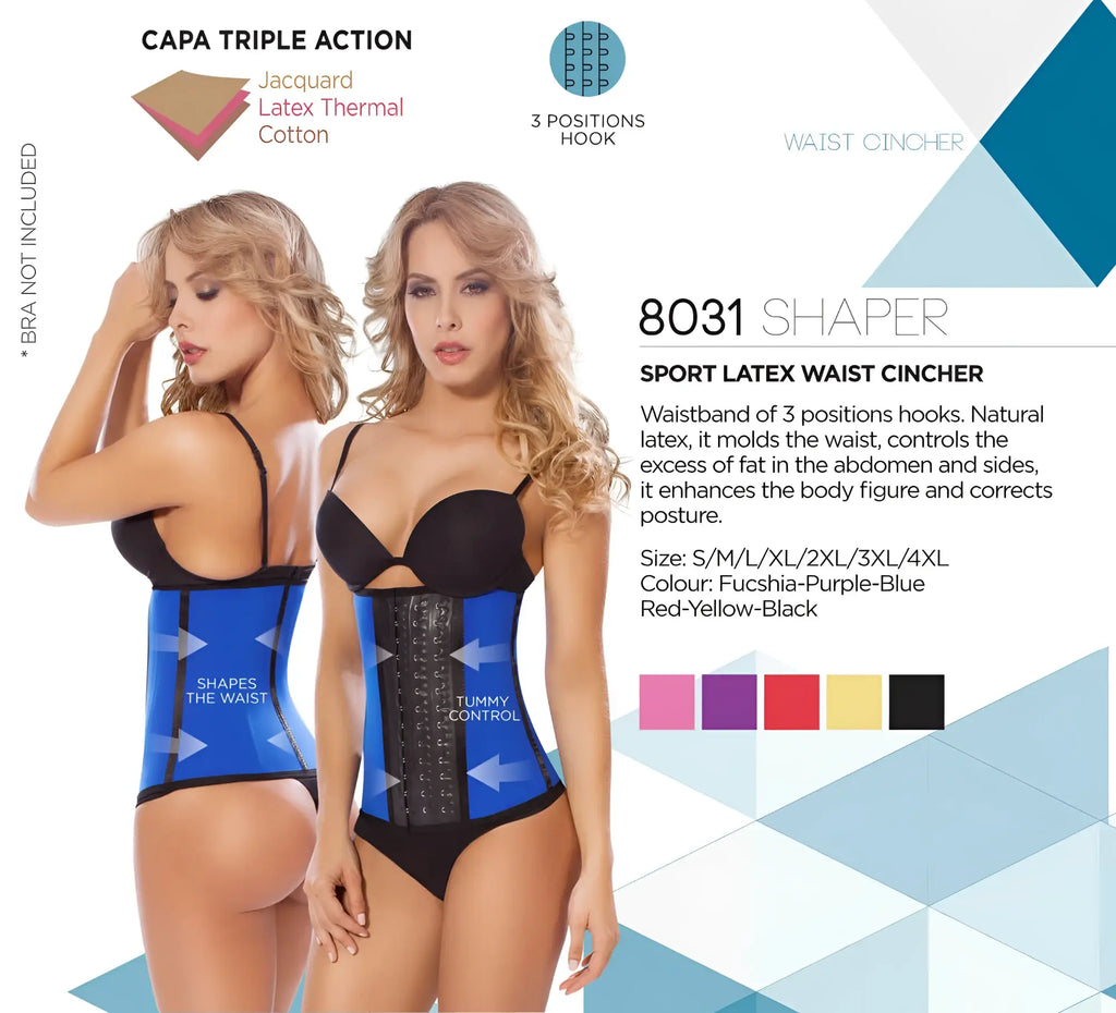 Moldeate 8031 workout waist cincher in blue and black sport latex with a textured central panel