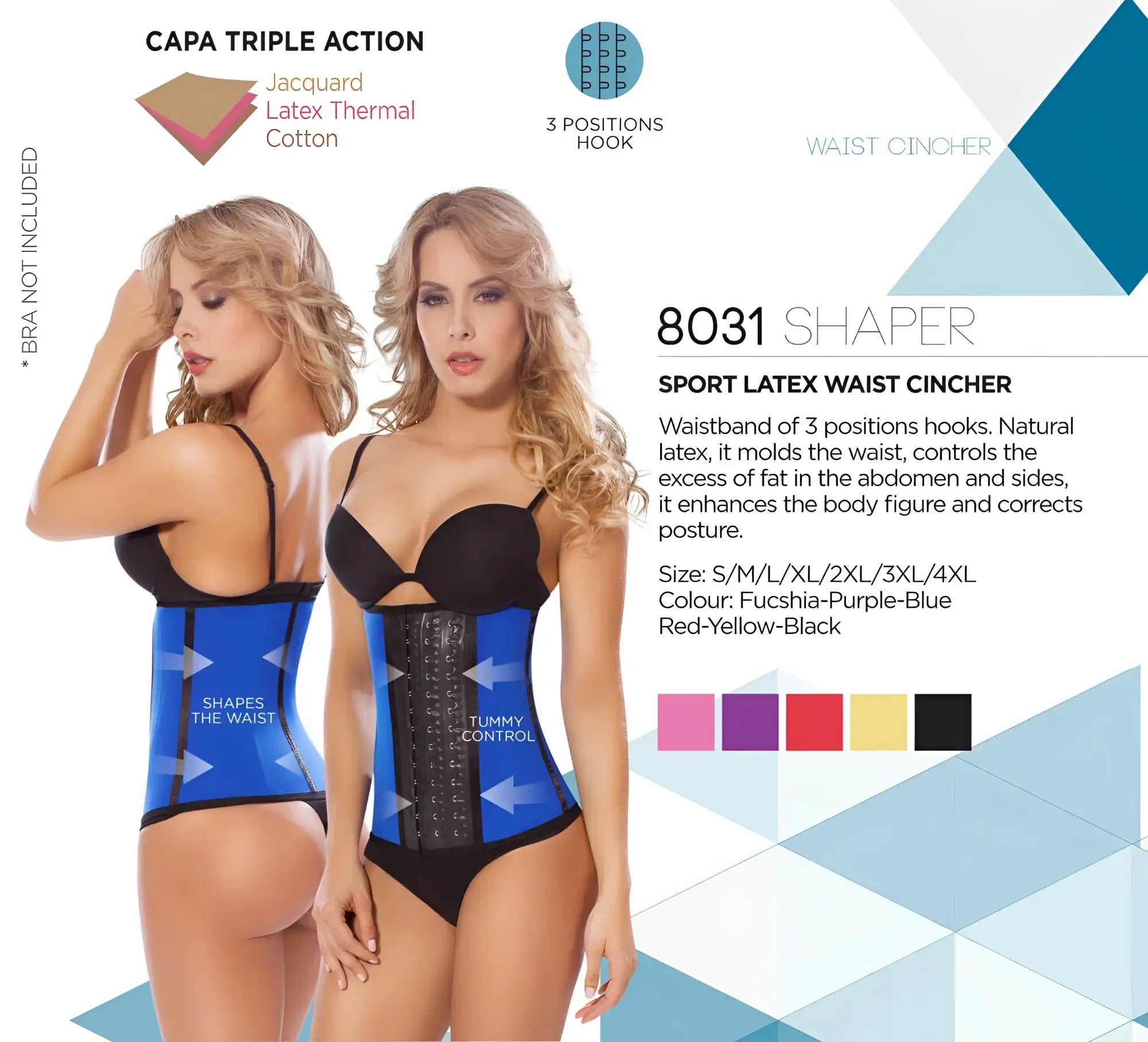 Moldeate 8031 workout waist cincher in blue and black sport latex with a textured central panel