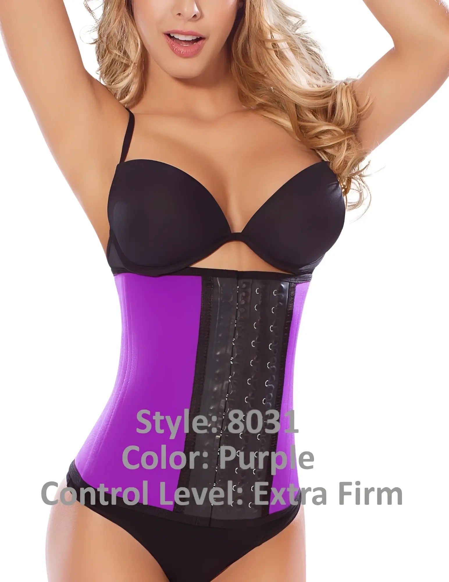 Moldeate 8031 purple and black extra firm waist trainer with adjustable hook and eye central panel for workouts