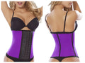 Purple and black moldeate 8031 workout waist cincher with adjustable metal clasps and central panel design