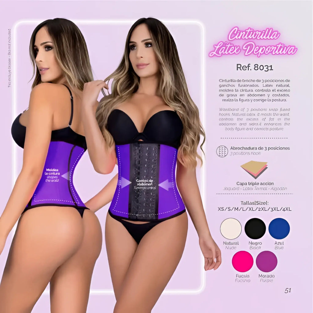 Moldeate 8031 purple latex workout waist cincher with black adjustable straps and three fusion hooks at the center panel