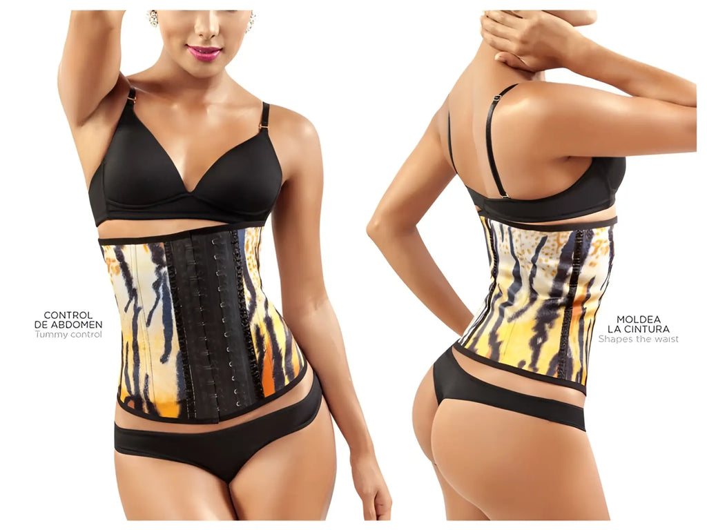 Moldeate 8032 workout waist cincher in yellow with tiger stripes black adjustable straps and central lacing system