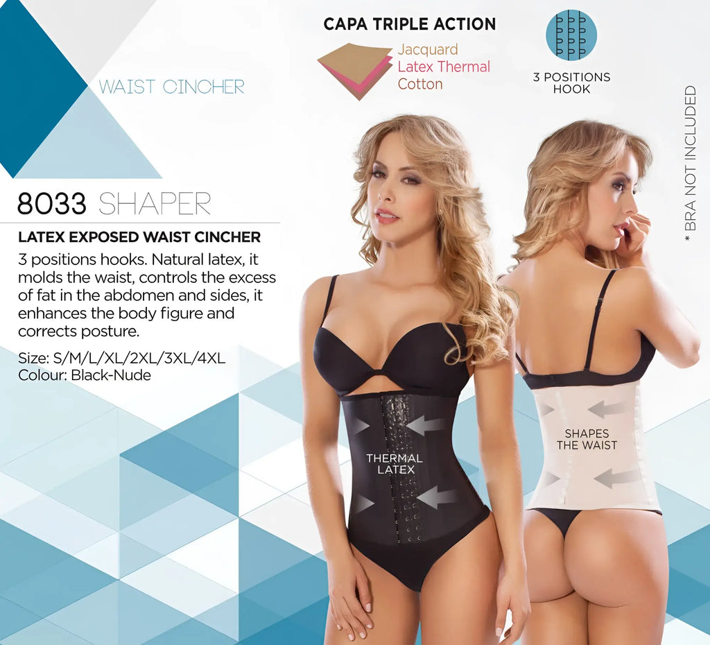 Black and nude latex moldeate 8033 workout waist cincher with thermal latex jacquard cotton lining and three-position hooks
