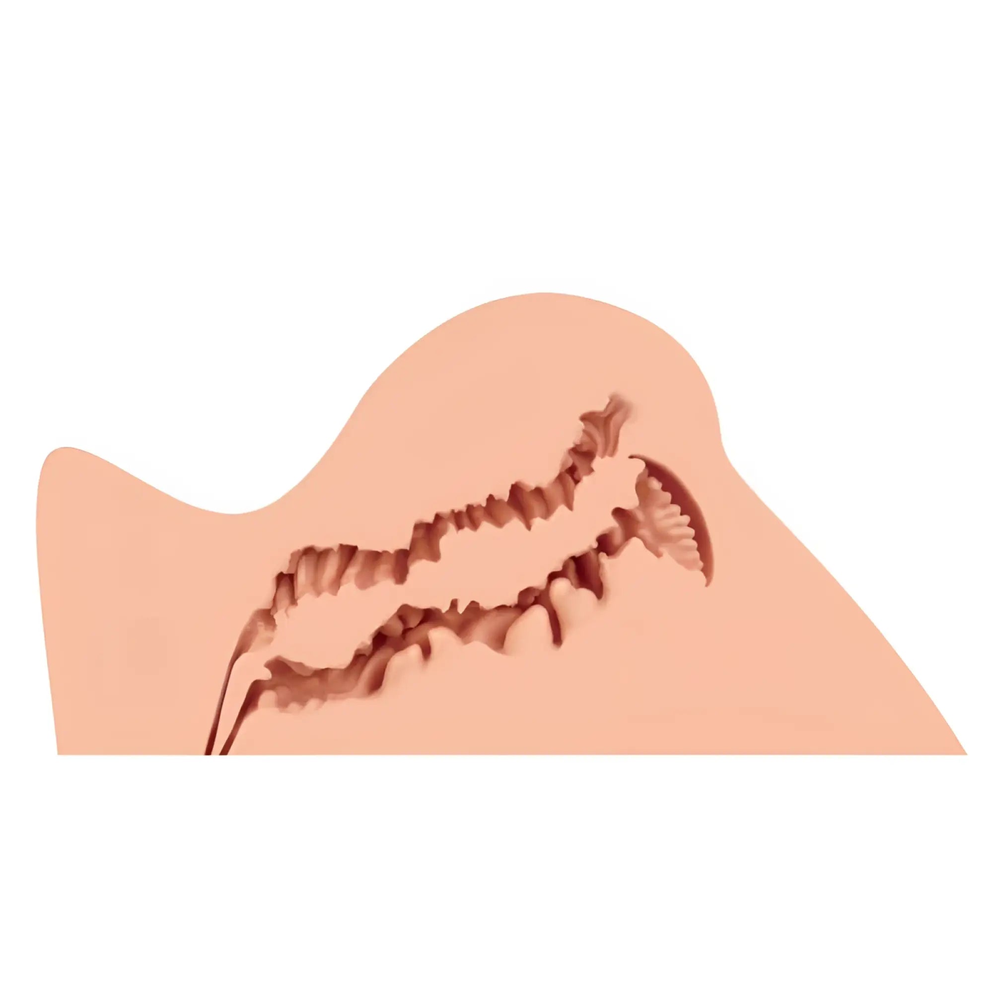 A stylized illustration of a human jaw with jagged brown teeth featured on the naked factory hannah real butt product