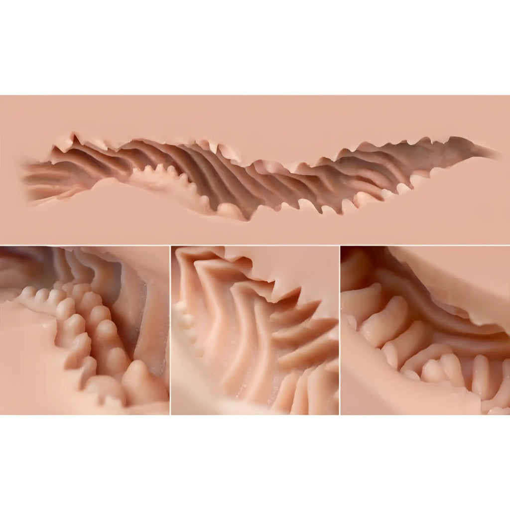 A peach-colored silicone anal plug with ridged texture and tapered ends from naked factory kate doggy style mini hip