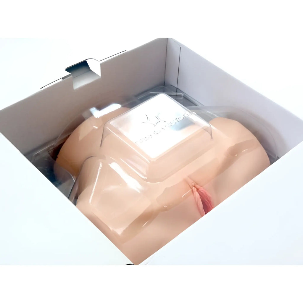 Beige lifelike medical training mannequin torso with clear plastic cover and pink fabric detail from naked factory laura real hip