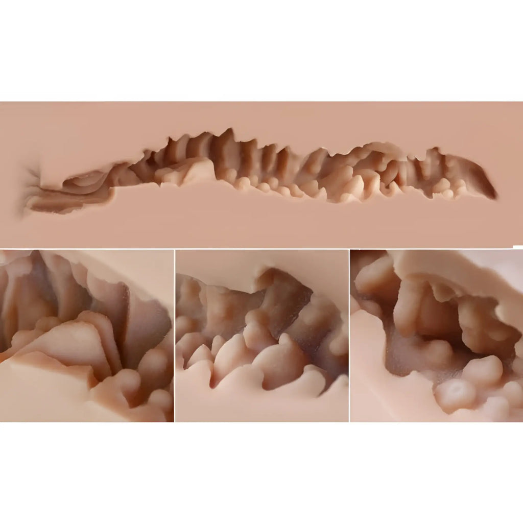 A beige textured silicone mold with wavy ridges for naked factory nicole doggy style real hip realistic detail