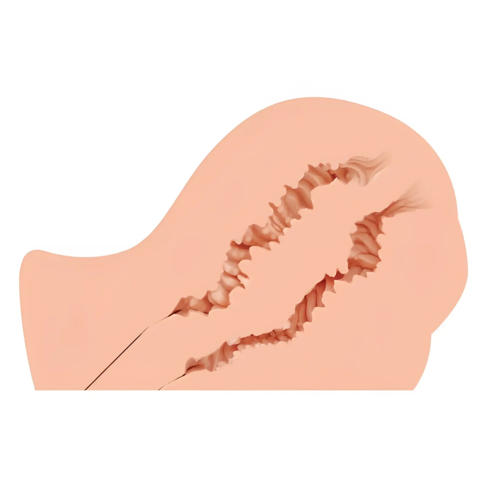 A stylized illustration of a peach-colored human ear with jagged red lines for naked factory nicole doggy style real hip