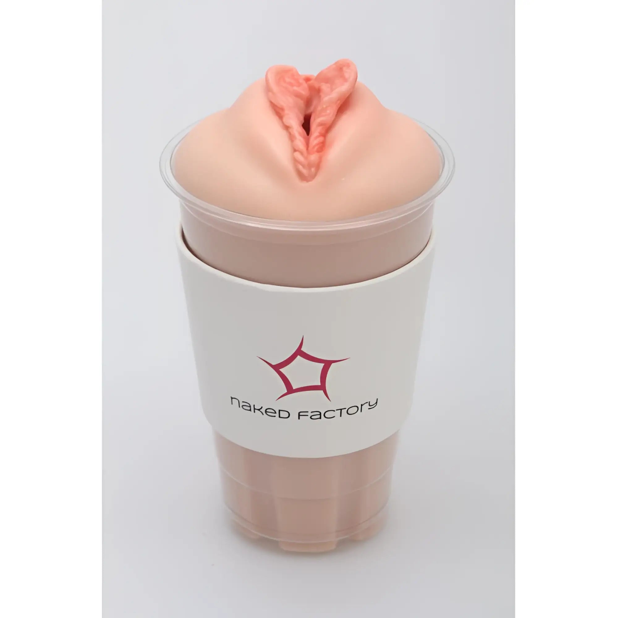Pink silicone naked factory pussy masturbator dani in clear plastic cup with white sleeve for adult use