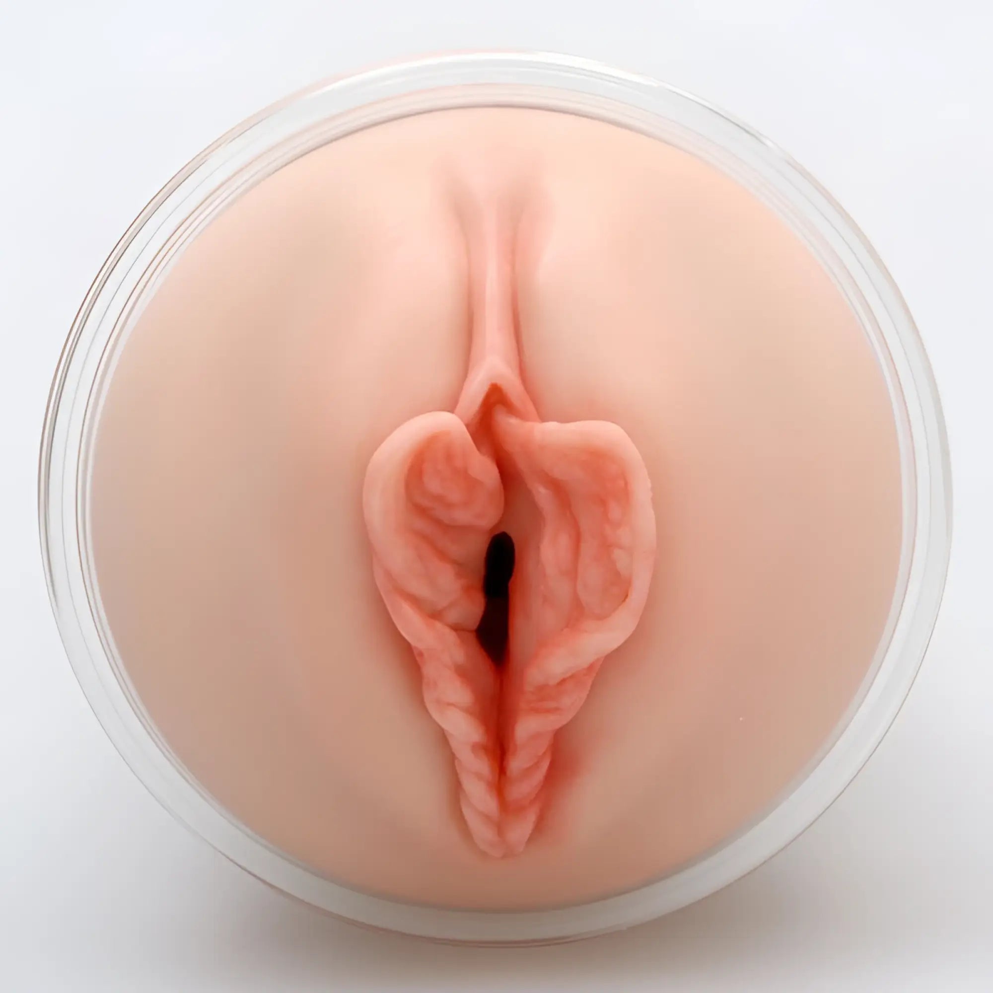 A realistic flesh-toned silicone anal plug with textured interior and central opening from naked factory pussy masturbator dani