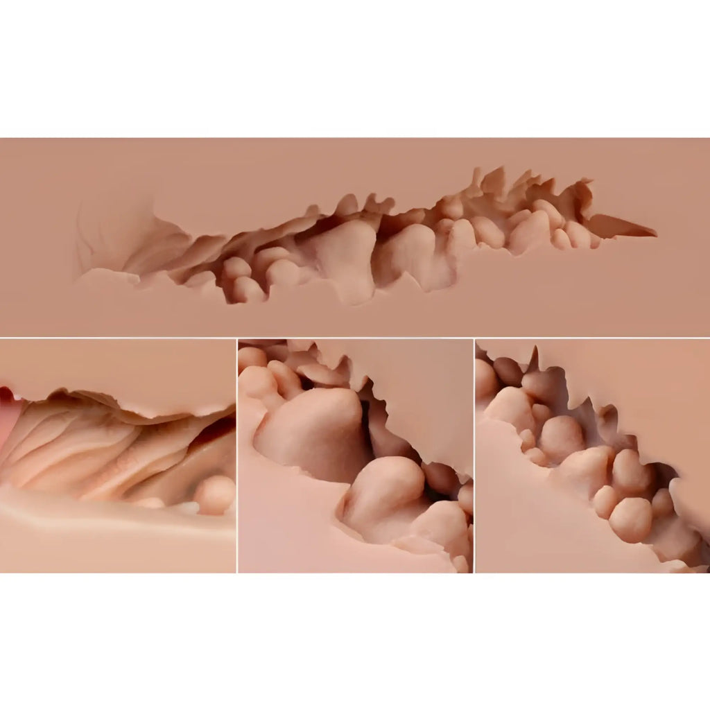 A beige textured silicone mold replicating a human spine from the naked factory scarlet real hip product
